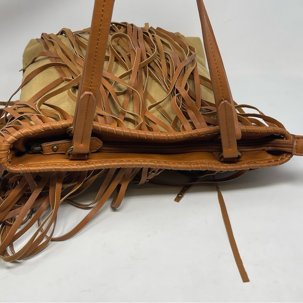 Charming Charlie Ryder Studded Fringe Purse Shoulder Bag Brown Canvas Boho - Picture 10 of 16